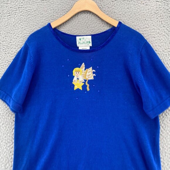 The Quacker Factory Sweater Womens Medium Blue Angel Sequin Short Sleeves NWT - Picture 2 of 11